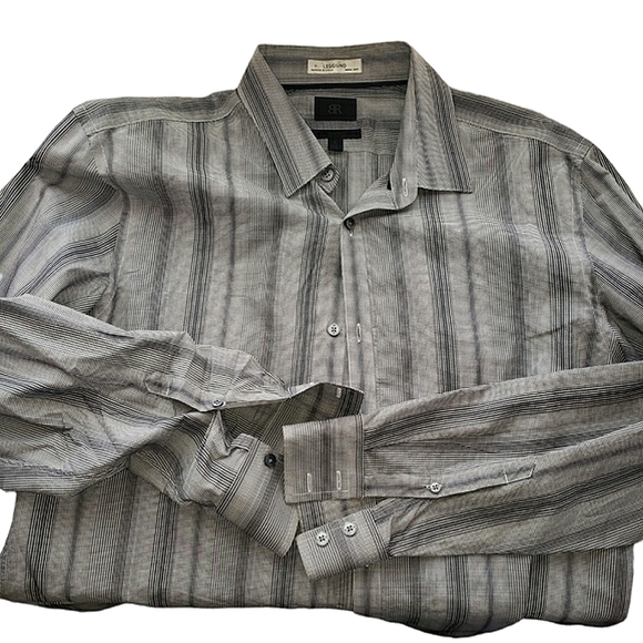 L Slim Fit Leggiuno Gray/Black Stripped Button up Neck 17.5 - Picture 1 of 5